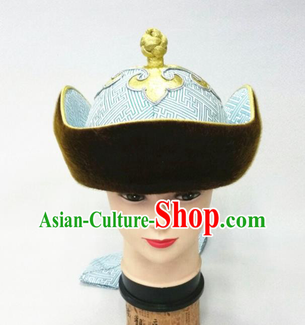 China Ancient Yuan Dynasty King Headwear Handmade Male Light Blue Satin Hat Mongolian Nationality Wedding Headdress