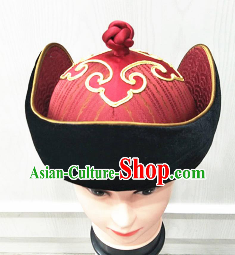 China Mongolian Nationality Wedding Headdress Ancient Yuan Dynasty King Headwear Handmade Bridegroom Red Hat