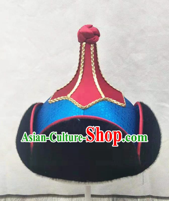 China Mongol Nationality Folk Dance Headwear Handmade Bridegroom Blue Hat Mongolian Nationality Wedding Headdress