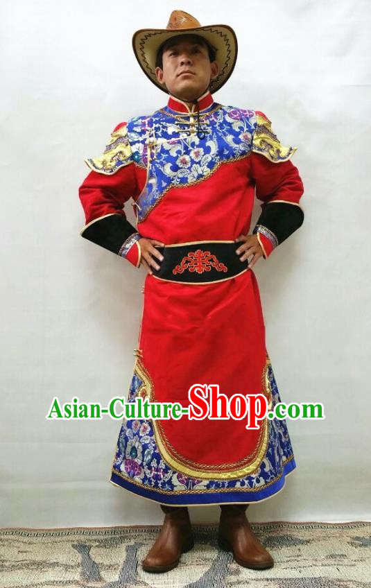 Chinese Ethnic Festival Performance Costume Mongol Nationality Folk Dance Clothing Traditional Bridegroom Red Mongolian Robe