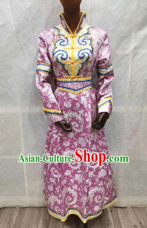 China Mongol Minority Woman Garments Moggol Nationality Performance Clothing Traditional Mongolian Folk Dance Lilac Brocade Dress