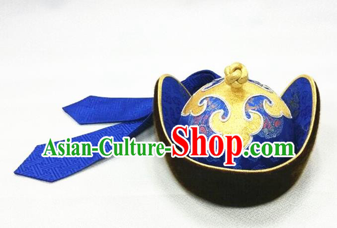 China Handmade Folk Dance Royalblue Hat Mongolian Nationality Wedding Headdress Mongol Nationality Royal Highness Headwear
