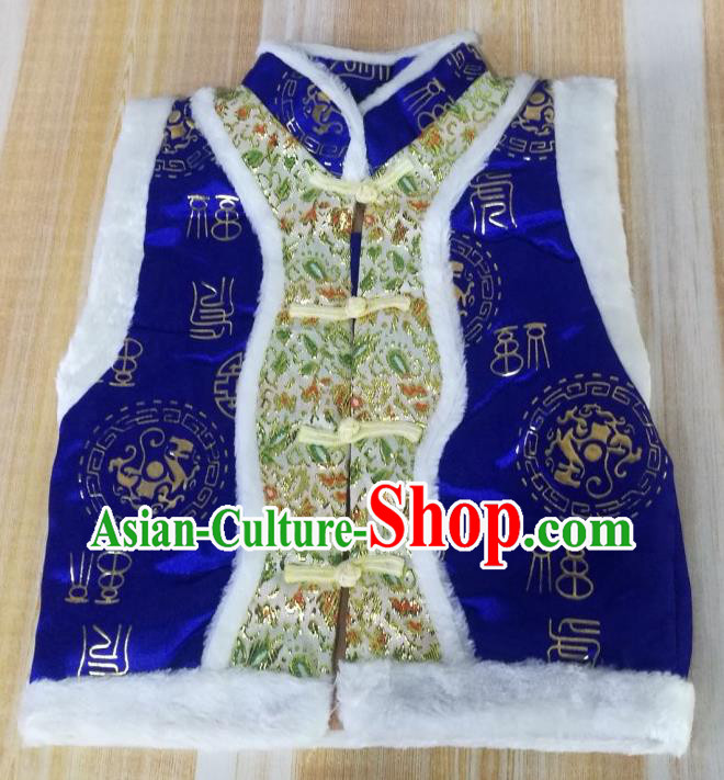 Chinese Mongol Nationality Folk Dance Clothing Traditional Children Mongolian Waistcoat Tang Suit Royalblue Brocade Vest Ethnic Girl Costume