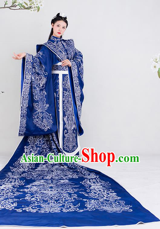 China Ancient Goddess Queen Blue Hanfu Dress Ming Dynasty Wedding Bride Historical Clothing Traditional Drama Eternal Love of Dream Bai Fengjiu Garment Costumes