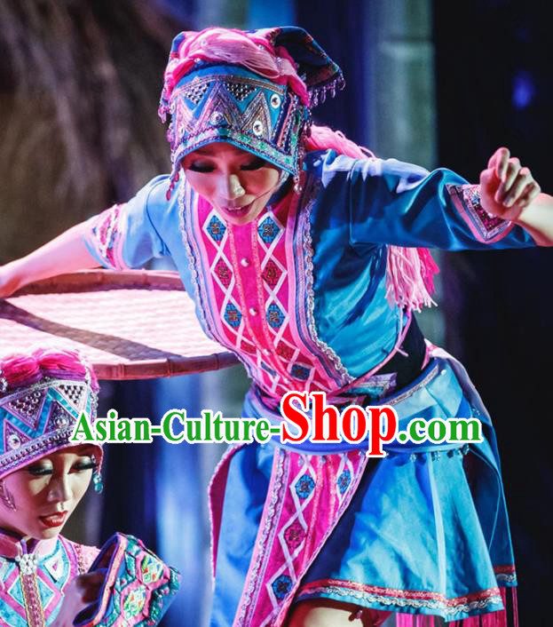 Chinese Traditional Ethnic Stage Performance Blue Dress Outfits Li Minority Dance Apparels Yao Nationality Woman Clothing