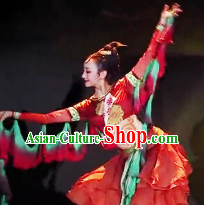 China Folk Dance Red Uniforms Stage Performance Dress Classical Dance Clothing Woman Dance Garment Costume