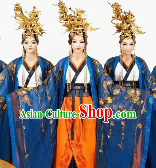 China Woman Group Dance Garment Costumes Hanfu Dance Uniforms Stage Performance Blue Dress Classical Dance Clothing