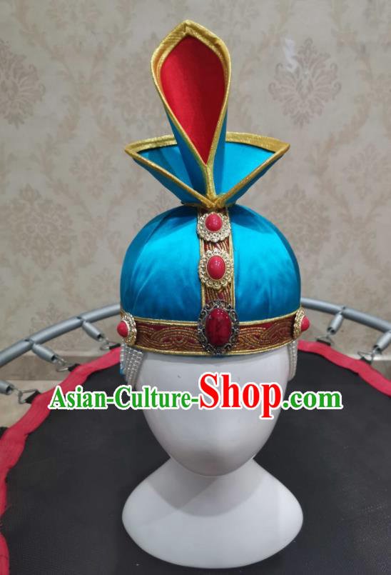 China Mongolian Nationality Girl Performance Headdress Mongol Nationality Children Headwear Handmade Folk Dance Blue Hat