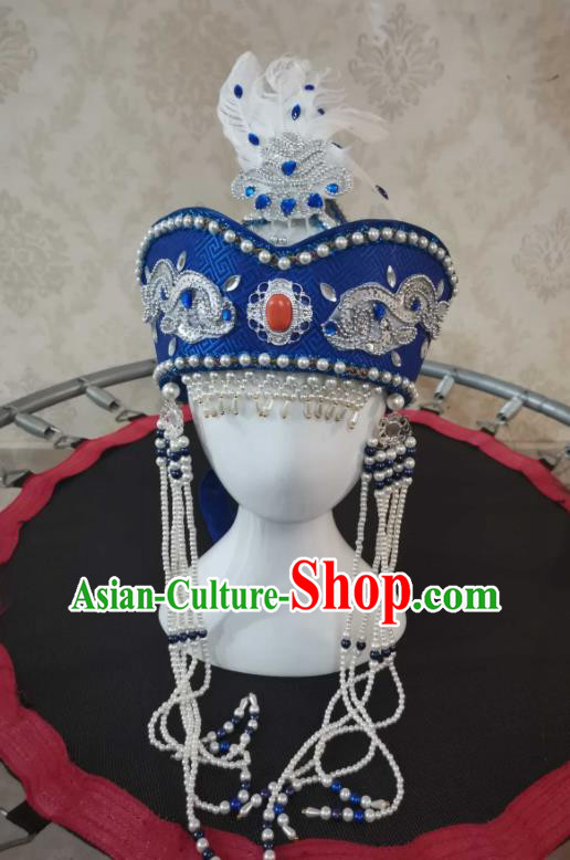China Mongol Nationality Children Headwear Handmade Princess Beads Tassel Royalblue Hat Mongolian Nationality Girl Performance Headdress