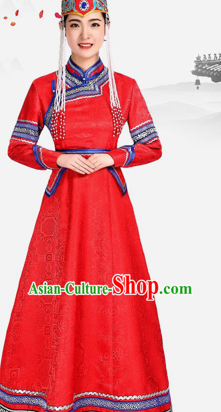 China Ethnic Red Brocade Dress Mongol Minority Fashion Woman Folk Dance Clothing Mongolian Nationality Performance Costume