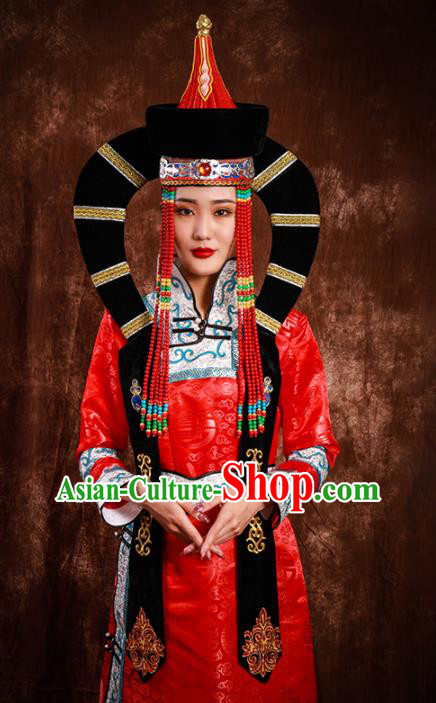 China Mongol Nationality Wedding Headwear Handmade Ethnic Bride Red Hat Mongolian Nationality Festival Headdress