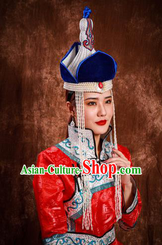 China Mongolian Nationality Festival Headdress Mongol Nationality Wedding Headwear Handmade Ethnic Bride Tassel Hat