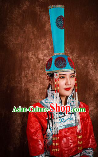 China Mongol Nationality Festival Headwear Handmade Ethnic Wedding Bride Blue Hat Mongolian Nationality Performance Headdress