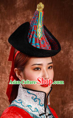 China Mongolian Nationality Performance Headdress Mongol Nationality Folk Dance Headwear Handmade Ethnic Woman Winter Red Hat