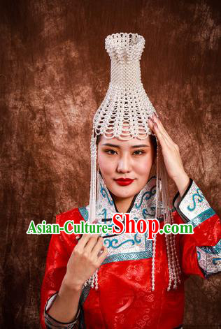 China Handmade Ethnic Woman White Beads Hat Mongolian Nationality Bride Headdress Mongol Nationality Folk Dance Hair Accessories