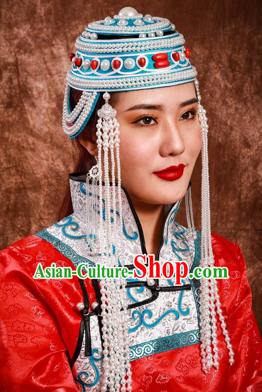 China Mongolian Nationality Bride Headband Mongol Nationality Folk Dance Hair Accessories Handmade Ethnic Woman Beads Tassel Blue Hat