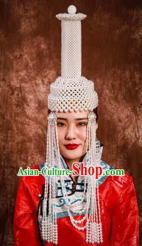 China Mongol Nationality Folk Dance Hair Accessories Handmade Ethnic Woman White Beads Hat Mongolian Nationality Bride Headdress