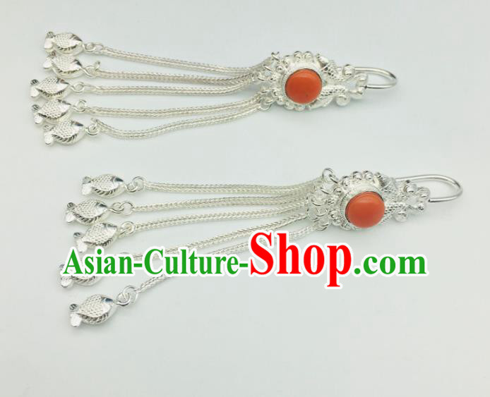 Chinese Traditional Tibetan Nationality Silver Tassel Earrings Zang Minority Festival Ear Jewelry Classical Dance Ear Accessories