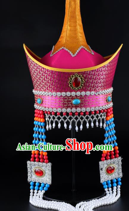China Mongolian Nationality Bride Headwear Mongol Nationality Festival Performance Hair Accessories Handmade Ethnic Queen Tassel Rosy Hat
