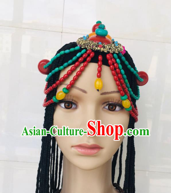 China Zang Nationality Folk Dance Hair Accessories Tibetan Minority Wedding Braids Hairpieces Xizang Ethnic Festival Headdress
