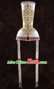 China Handmade Ethnic Bride White Hat Mongolian Nationality Folk Dance Headwear Mongol Nationality Festival Performance Hair Accessories