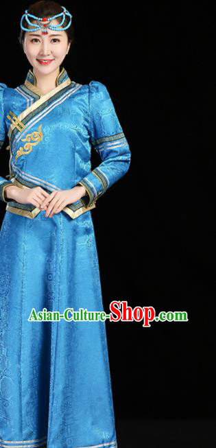 China Moggol Nationality Female Informal Costume Ethnic Folk Dance Blue Dress Mongol Minority Fashion Mongolian Performance Clothing
