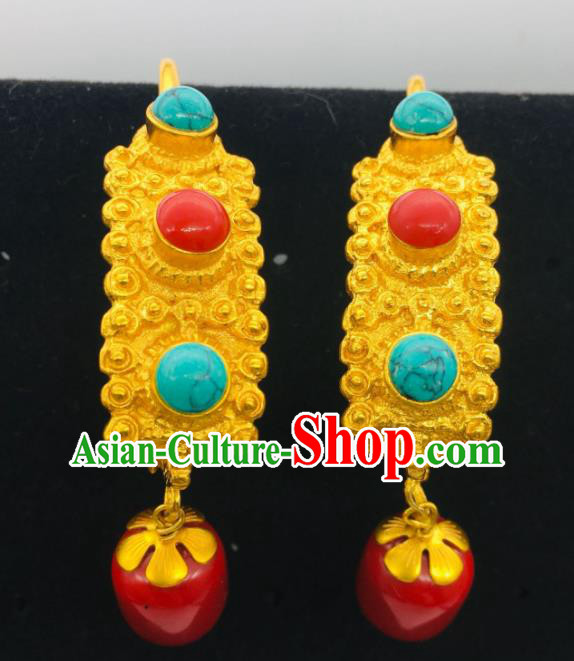 Chinese Classical Dance Golden Ear Accessories Traditional Tibetan Nationality Earrings Zang Minority Festival Ear Jewelry