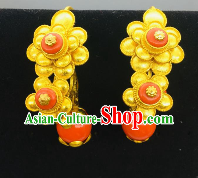 Chinese Zang Minority Wedding Ear Jewelry Classical Dance Golden Ear Accessories Traditional Tibetan Nationality Festival Earrings