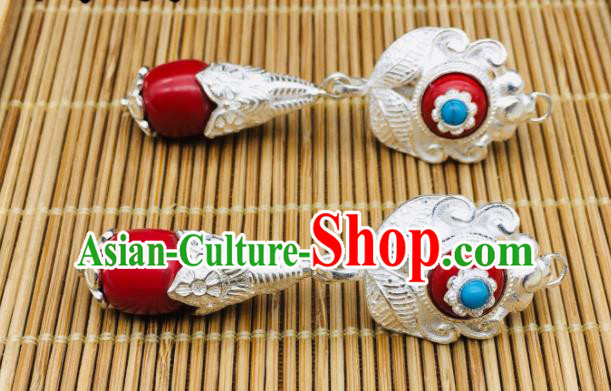Chinese Classical Dance Silver Ear Accessories Traditional Tibetan Nationality Festival Earrings Zang Minority Wedding Bride Ear Jewelry