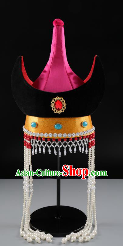 China Mongol Nationality Performance Headwear Handmade Ethnic Festival Rosy Satin Bull Horn Hat Mongolian Nationality Female Hair Accessories