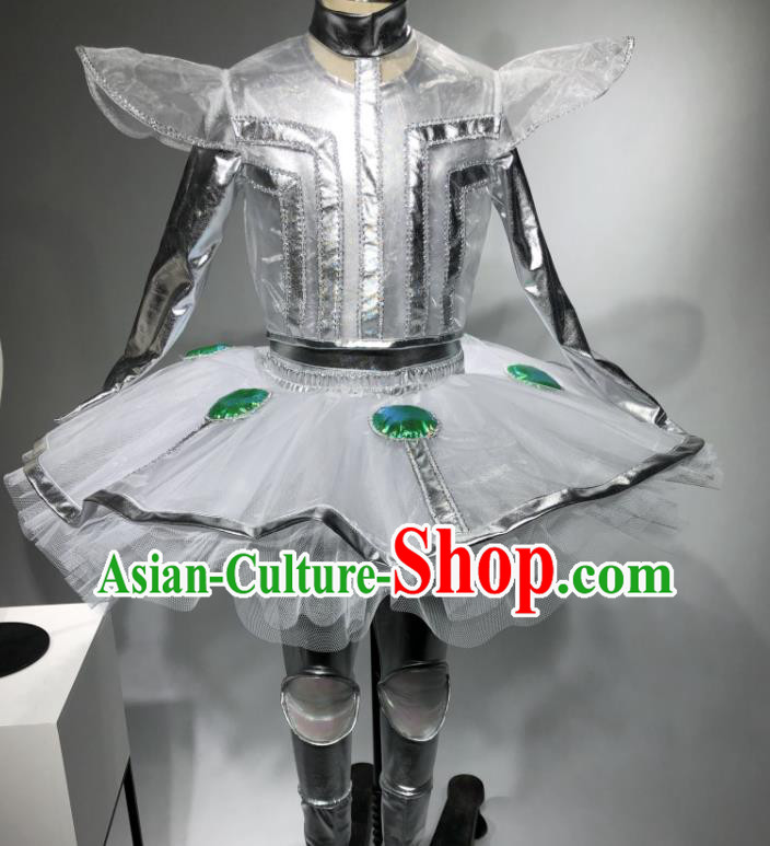 Professional Children Dance Competition Clothing Girl Dancewear Modern Dance Garment Costume Robot Dance White Veil Dress