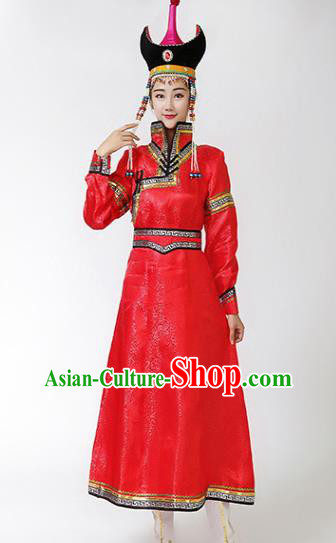 China Ethnic Wedding Bride Red Dress Mongol Minority Performance Outfits Mongolian Folk Dance Clothing Moggol Nationality Female Costume