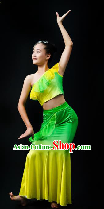 Chinese Dai Nationality Stage Performance Green Dress Outfits Tai Minority Peacock Dance Clothing Yunnan Ethnic Girl Dance Costumes
