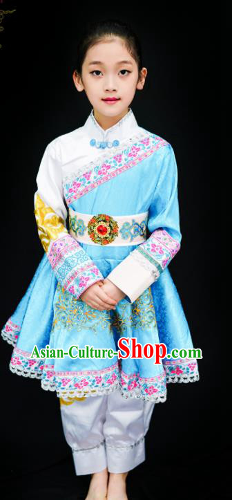 Chinese Ethnic Girl Dance Costumes Mongolian Nationality Stage Performance Blue Dress Outfits Mongol Minority Children Dance Clothing