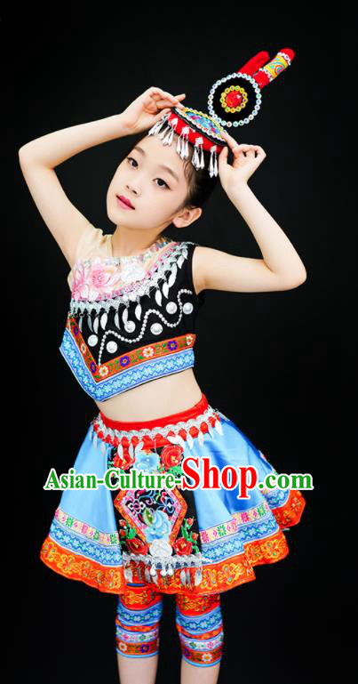 Chinese She Minority Children Dance Clothing Ethnic Girl Dance Costumes Tujia Nationality Stage Performance Blue Dress Outfits
