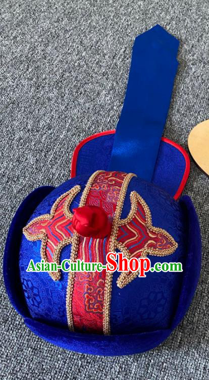 China Mongolian Nationality Male Hair Accessories Mongol Folk Dance Headdress Handmade Ethnic Stage Performance Royalblue Brocade Hat