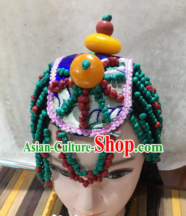 China Tibetan Minority Bride Braids Hairpieces Xizang Ethnic Festival Performance Headdress Zang Nationality Wedding Hair Accessories