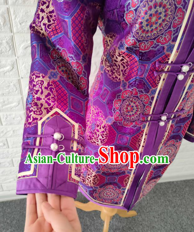Chinese Mongol Nationality Purple Brocade Coat Ethnic Performance Jacket Mongolian Woman Outer Garment
