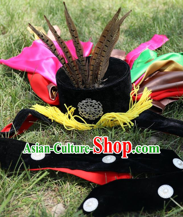 China Mongol Shaman Master Headwear Handmade Ethnic Stage Performance Feather Hat Mongolian Nationality Fiesta Hair Accessories