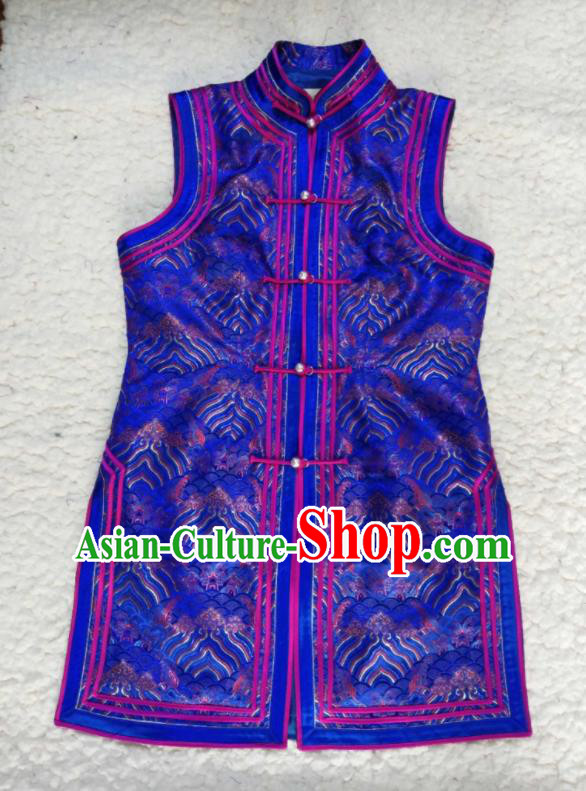 Chinese Mongol Minority Woman Garment Costume Mongolian Ethnic Clothing Traditional Royalblue Brocade Vest