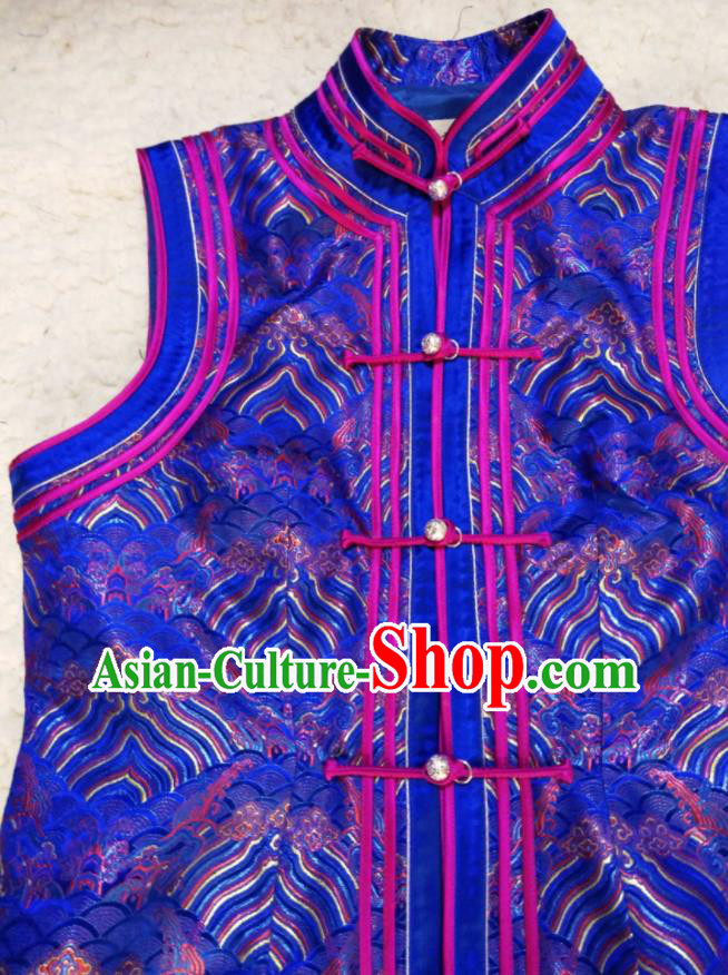 Chinese Mongol Minority Woman Garment Costume Mongolian Ethnic Clothing Traditional Royalblue Brocade Vest