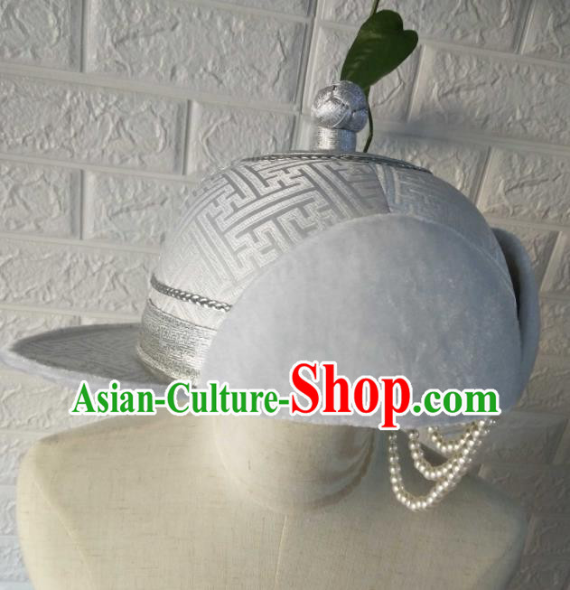 China Mongolian Nationality Hair Accessories Mongol Minority Boy Headdress Handmade Ethnic Children Winter White Brocade Hat