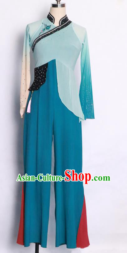 Chinese Folk Dance Clothing Jiaozhou Yangko Performance Garment Costumes New Year Fan Dance Blue Outfits