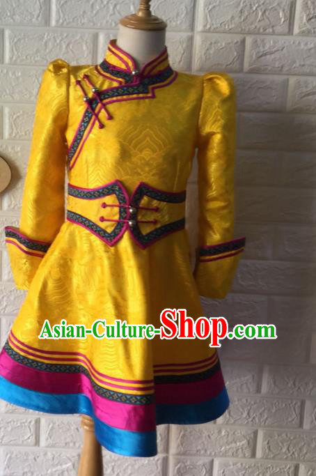 Chinese Mongolian Festival Dress Garment Mongol Nationality Girl Yellow Brocade Robe Ethnic Children Clothing