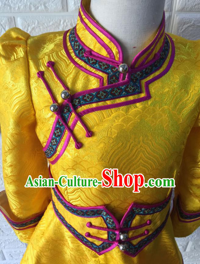 Chinese Mongolian Festival Dress Garment Mongol Nationality Girl Yellow Brocade Robe Ethnic Children Clothing