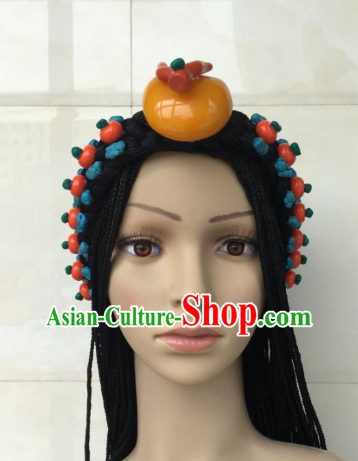 China Zang Nationality Folk Dance Hair Accessories Tibetan Minority Performance Hairpieces Xizang Ethnic Wedding Bride Headdress