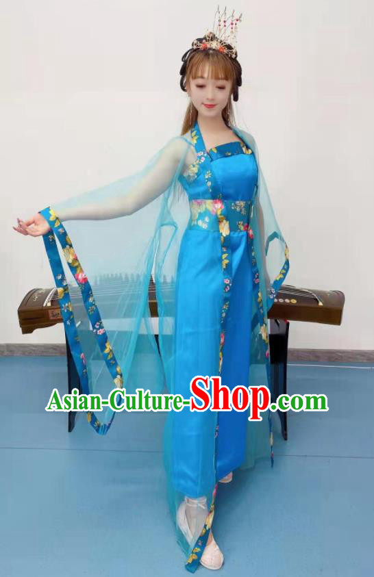 Chinese Tang Dynasty Imperial Consort Hanfu Dress Classical Dance Clothing Ancient Fairy Dance Blue Outfits Stage Performance Garment Costumes