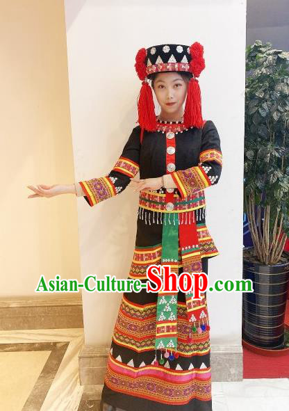 Chinese Ethnic Folk Dance Clothing Traditional Yi Nationality Black Dress Outfits Yunnan Minority Woman Garment Costumes