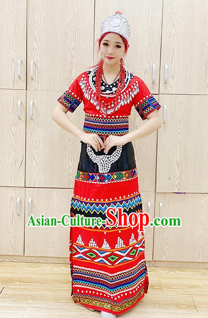 Chinese Traditional Va Nationality Performance Red Dress Outfits Wa Minority Wedding Bride Garment Costumes Xinjiang Ethnic Folk Dance Clothing