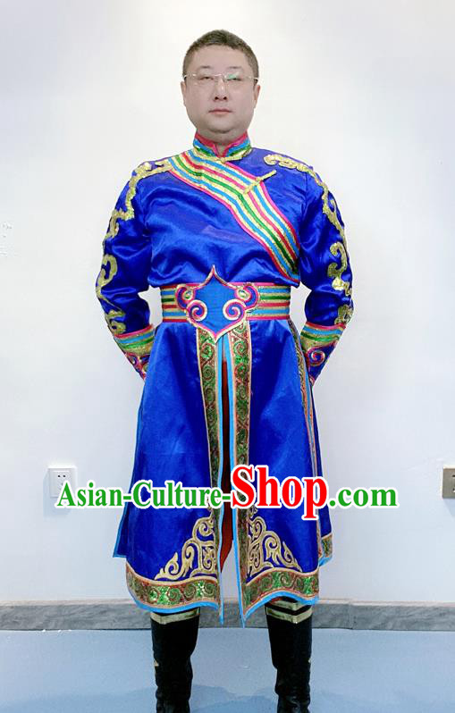 Chinese Ethnic Male Folk Dance Clothing Traditional Mongolian Nationality Performance Royalblue Outfits Mongol Minority Festival Garment Costumes